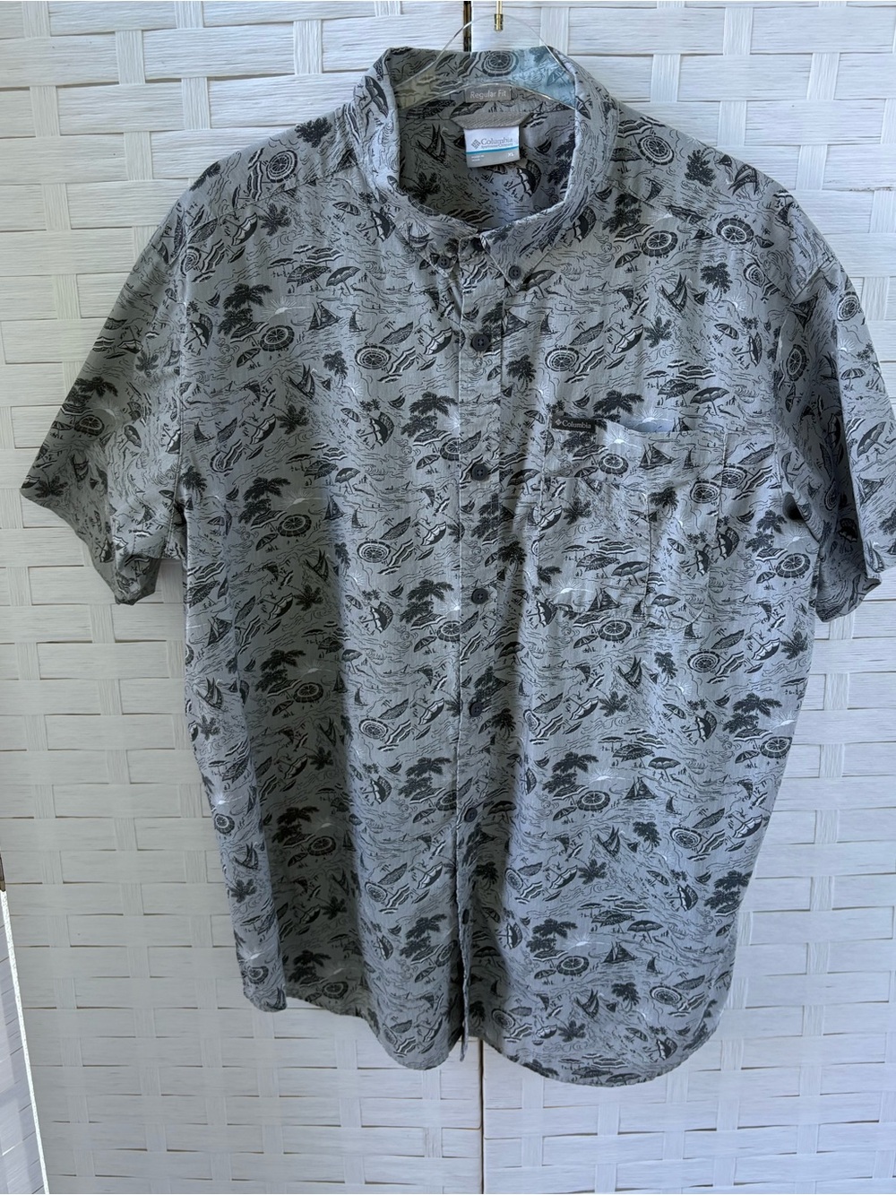 Columbia XL Cotton Gray Short-Sleeve Tropical Printed Button-Down Shirt Cruise